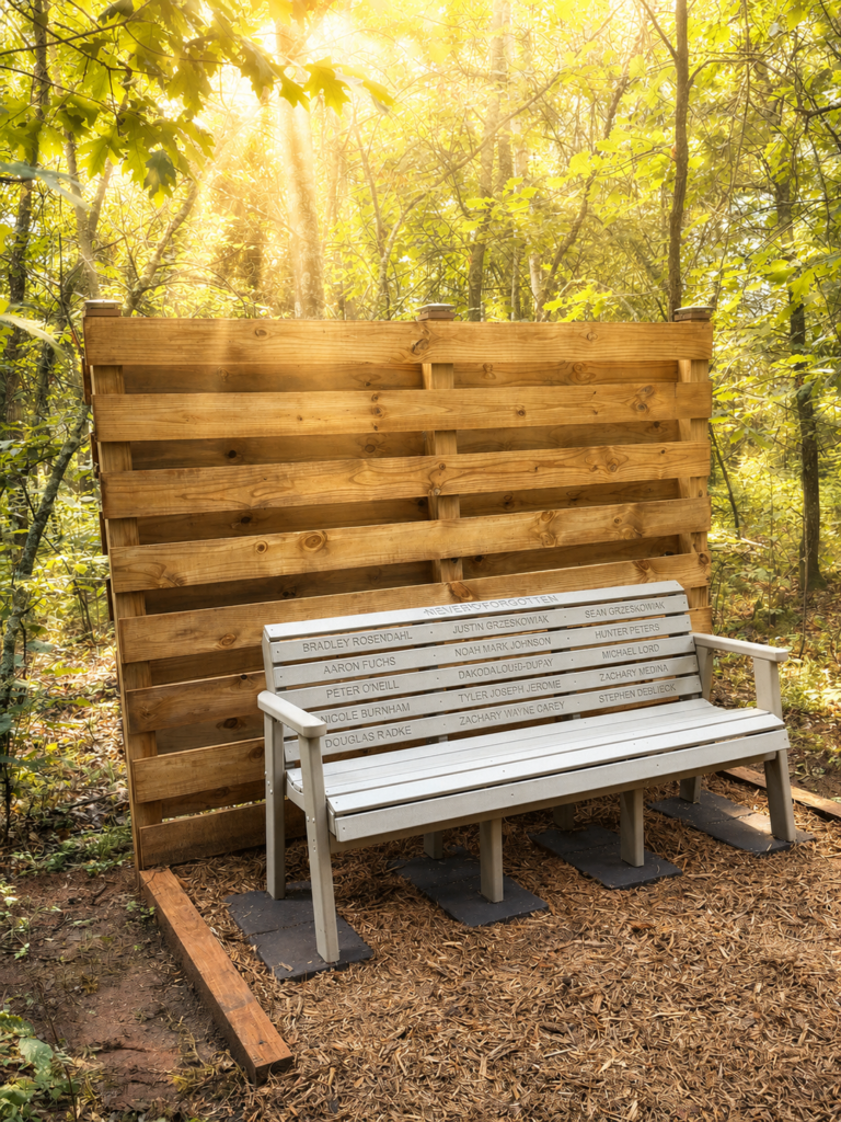 A bench at Face IT Northwoods honoring those lost to suicide